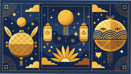 Elegant chinese lanterns and floral elements with geometric shapes on a night sky inspired composition for digital designs.