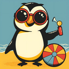 Obraz premium Adorable cartoon penguin wea round sunglasses holding a red and yellow beach ball on a sandy beach with a blue sky background
