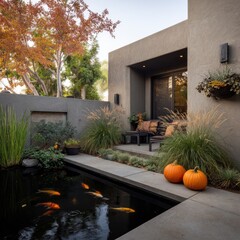 Modern patio with koi pond and autumnal decor