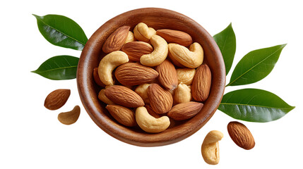 Bowl of mixed nuts with almonds and cashews isolated on transparent background