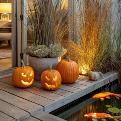 Halloween pumpkins on a wooden deck by a pond at night. Warm lighting highlights carved jack-o'-lanterns and plants