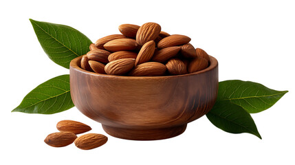 Wooden bowl filled with almonds and green leaves isolated on transparent background