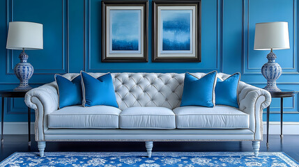 Elegant white sofa with blue pillows in luxurious interior setting