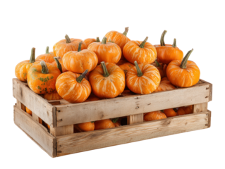 A rustic wooden crate overflows with vibrant, freshly picked pumpkins