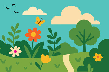 Obraz premium Cartoon landscape with flowers butterfly birds clouds and a path in a flat design style illustration
