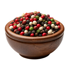 Wooden bowl filled with mixed peppercorns isolated on transparent background
