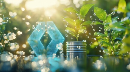 Eco-Friendly Vision: A pristine scene of a vibrant young plant sprouts forth, symbolized as the embodiment of future growth, with its backdrop showing a digital logo and fresh dewdrops around it.