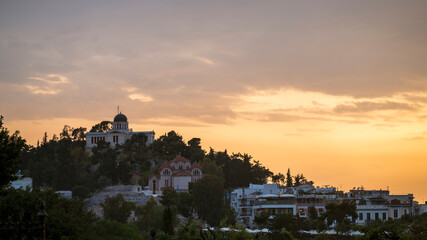Evening sunset view of the National Observatory of Athens on the Hill of Nymphs