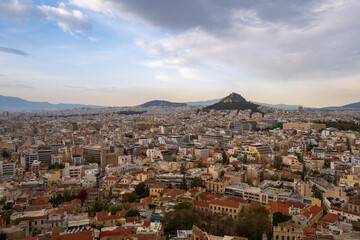 view of Athens and mount Lycabettus as evening approaches