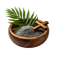 Wooden bowl with ashes palm fronds and cross isolated on transparent background