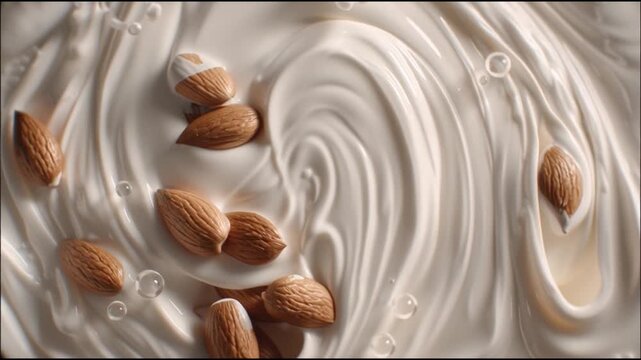 Creamy almond milk swirls with scattered whole almonds