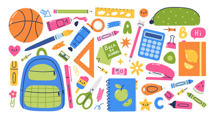 Set of various study school supplies. Back to school. Hand drawn vector illustration.