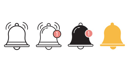 Set of notification bell icons in outline, filled black, and yellow styles, some with red alert badges. Ideal for app interfaces, UI design, reminders, and digital alerts.