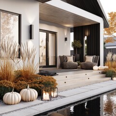 Modern home exterior patio, autumnal decor, and pool
