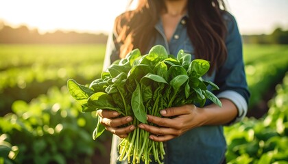 Obraz premium Fresh spinach held by a person in a field
