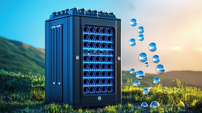 Digital Server Cabinet in Natural Environment: A futuristic, high-tech digital server cabinet stands amidst a vibrant natural landscape, with shimmering, energy-like orbs emanating from its core.