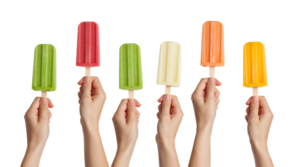 Hands holding different types of colorful fruit popsicles isolated on transparent png