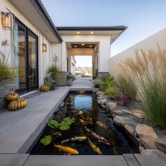 Modern home exterior with a koi pond.  A walkway leads to a water feature