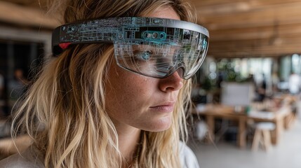 Augmented Vision in Action: Person Wearing AR Glasses in Modern Workspace