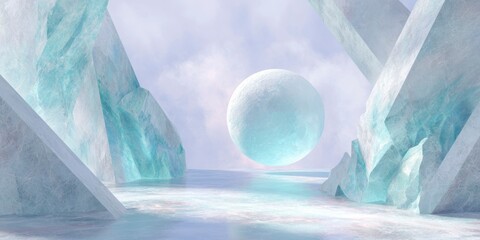 Minimalist glowing sphere in icy cavern