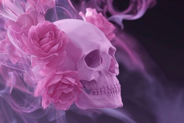 Pink Skull with Roses and Smoke
