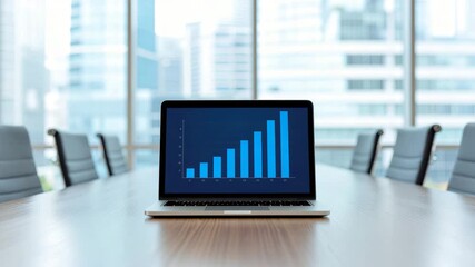Dynamic Data Visualization of Business Success on a Laptop in a Modern City Boardroom - Powered by Adobe