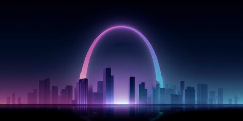 Minimalist neon arch over futuristic cityscape