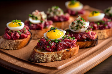 Gourmet beef tartare crostini with quail egg and chives, a delicious appetizer for any occasion