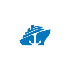A bold and simple logo combining a cruise ship with a strong anchor. This blue vector symbol represents maritime travel, stability, sea voyages, and the marine industry.