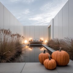 Modern courtyard with pumpkins