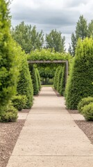 Serene Garden Path with Lush Green Trees and Elegant Pergola Archway. A Tranquil Outdoor Landscape for Peaceful Walks and Natural Beauty.