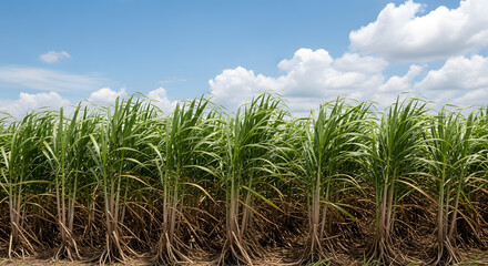 Fototapeta premium Vibrant sugarcane field under a bright blue sky with fluffy white clouds, depicting agriculture and nature's beauty, perfect for promoting sugar industry