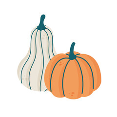 Minimalist vector illustration of two pumpkins in beige and orange tones, one taller than the other