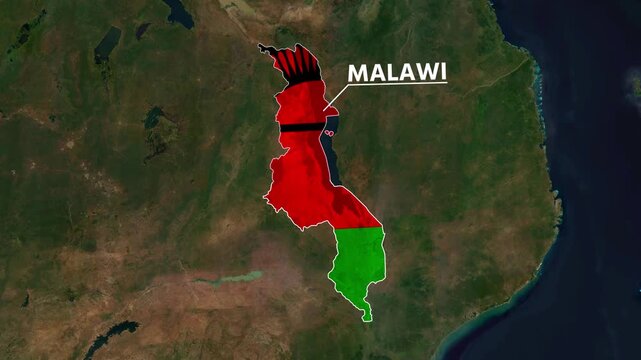 Zoom from Earth to Malawi. (Country Flag) World map animation with highlighted country borders. Satellite 3d world map animation highlights aerial views, tourism, and travel. 4k