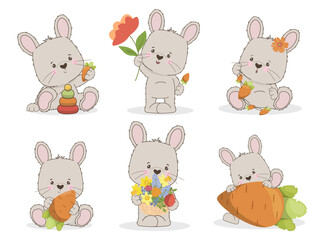 Vector illustration of cute cartoon bunnies with playful expressions, holding carrots and flowers. Adorable scenes capturing whimsical moments in a charming style.