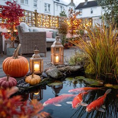 Autumnal garden pond scene at twilight, with decorative lanterns, pumpkins, and koi fish