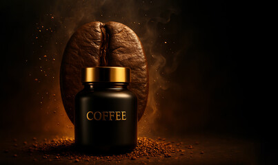 Bottle of coffee powder placed in front of a giant steaming coffee bean with dramatic lighting, Aromatic coffee powder bottle and oversized roasted bean with smoke in the background