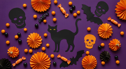 Obraz premium Spooky Halloween celebration concept with a black cat, bats, skulls, and orange decorations on a purple background.