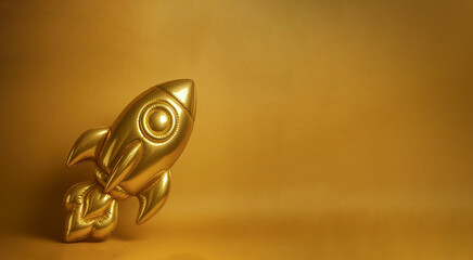 Inflated golden startup rocket soaring against a luxurious golden background, Glossy balloon-style golden rocket representing startup growth