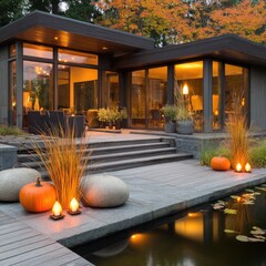 Modern home exterior with autumnal garden.  Landscaped patio with a pond, steps, and lighting, leading to a contemporary house with large windows