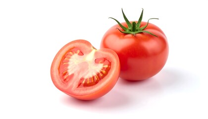 Fresh tomato, whole and halved, isolated on white