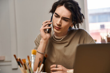 Creativity flows in a pottery studio where a stylish man embraces artistic expression
