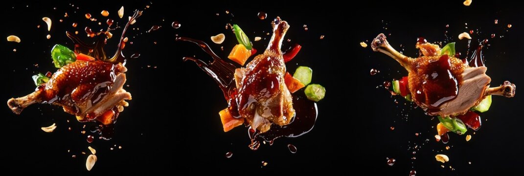 Cutout of set of 3 hoisin sauce, crispy duck, and vegetables with sauce splashes adding a glossy finish, isolated on black background