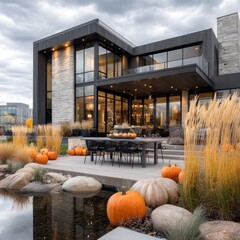 Modern home exterior with patio and pumpkins