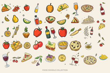 Vector illustration of various Italian food hand drawn in doodle style. Illustration of Italian food including pasta,
 olives, pizza, cheese, tomatoes, lemons, wine.
