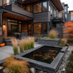 Modern home's exterior courtyard with a koi pond and autumnal landscaping