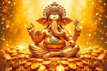 A golden statue of the Hindu god Ganesha, seated in a majestic lotus position atop a mound of coins and glittering gold treasures.