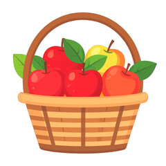 Close Up Image Of A Basket Filled With Red And Yellow Apples With Green Leaves Against A White Background