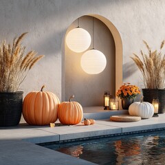 Autumnal poolside scene with pumpkins and lanterns
