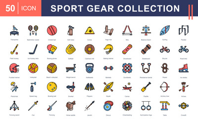 Sport Equipment icon set showcasing gear for team sports, water sports, gymnastics, martial arts, and fitness training—ideal for gyms, schools, outdoor activities, and health campaigns.